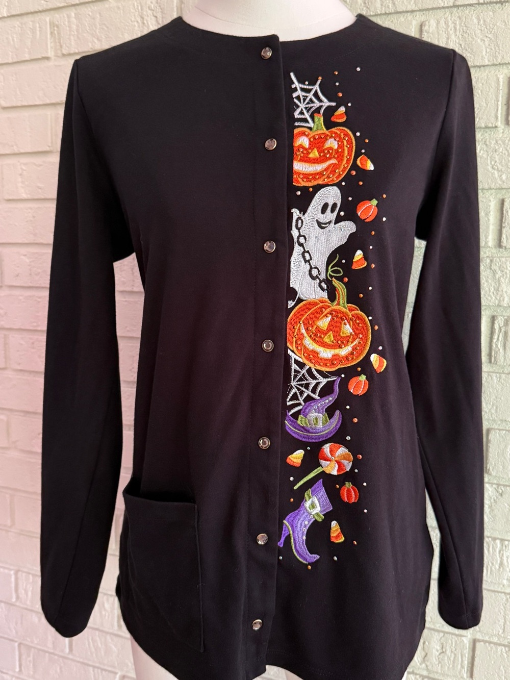 Quacker Factory Halloween Embroidered Rhinestone Cardigan Black XS Y2K
